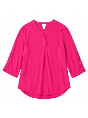 Chico's Pink Lace-Up Sleeve Blouse Women's Size 1 3/4 Sleeve Viscose Top.